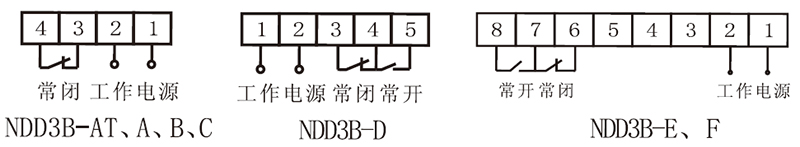 常閉 工作電源 NDD3B-AT、A、B、C，工作電源 常閉常開 NDD3B-D，常開常閉 工作電源 BDD3B-E、F